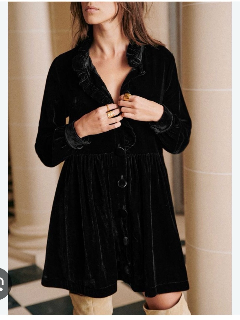 Sezane Black Velvet Robe Sybelle Noir Dress Sz US 2